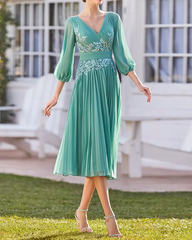 ELEGANT MIDI DRESS LACE CHIFFON PLEATED