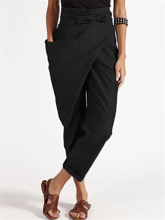 Women's Cotton Loungewear Pants High Waist Irregular Lace-Up Cropped Pants Solid Fashion Simple Casual Cotton Breathable with One Side Pockets Summer Spring Black Navy Blue