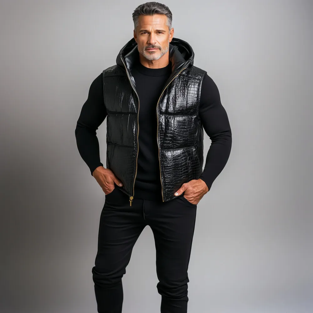 Men's PU Leather Crocodile Pattern Zipper Hooded Vest