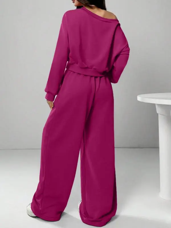 Women's Solid One-Shoulder Hoodie Set: Loose Knit, Long Sleeve Short Top