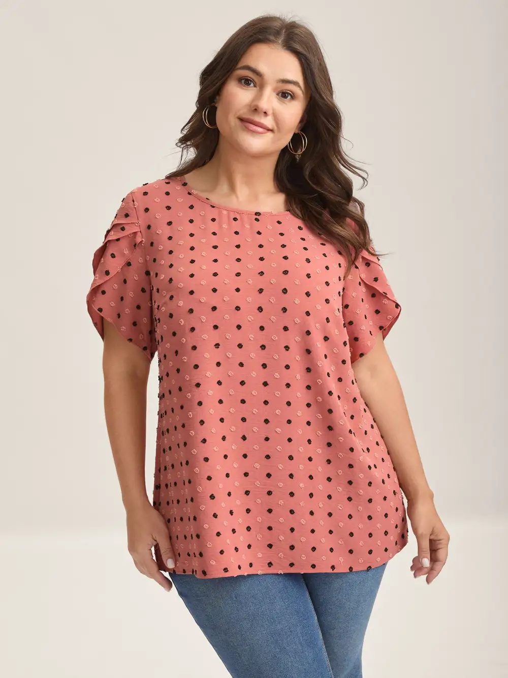 Textured Color Contrast Petal Sleeve Blouse