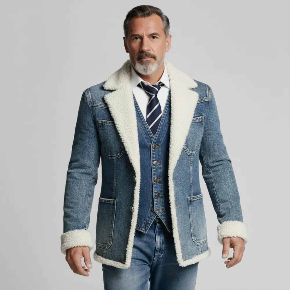 Men's Blue Denim Notched Lapel Two Button Patch Pockets Long Sleeve Sherpa-Lined Jacket