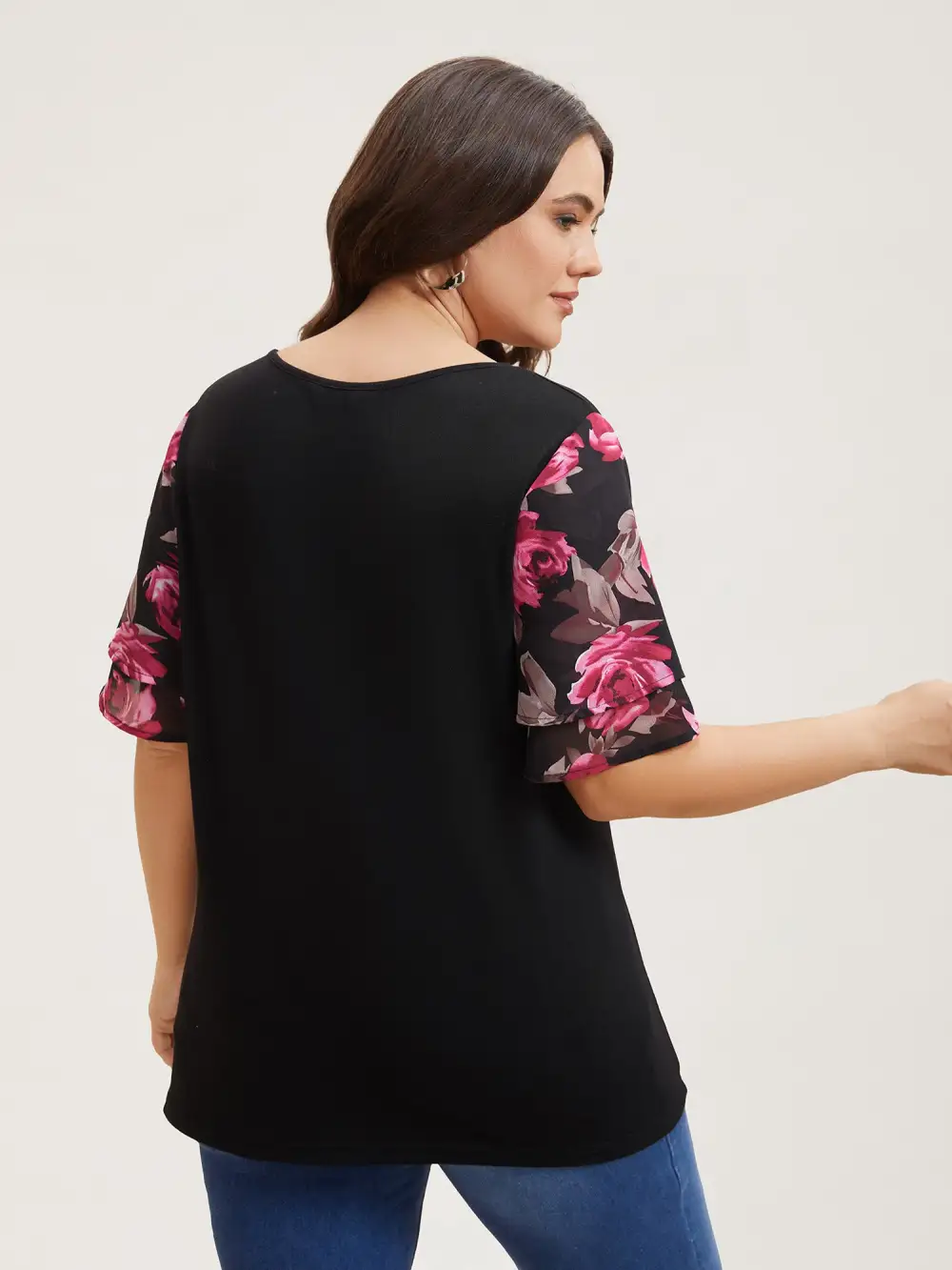 Stretchy Floral Lotus Sleeve V-Neck T-Shirt