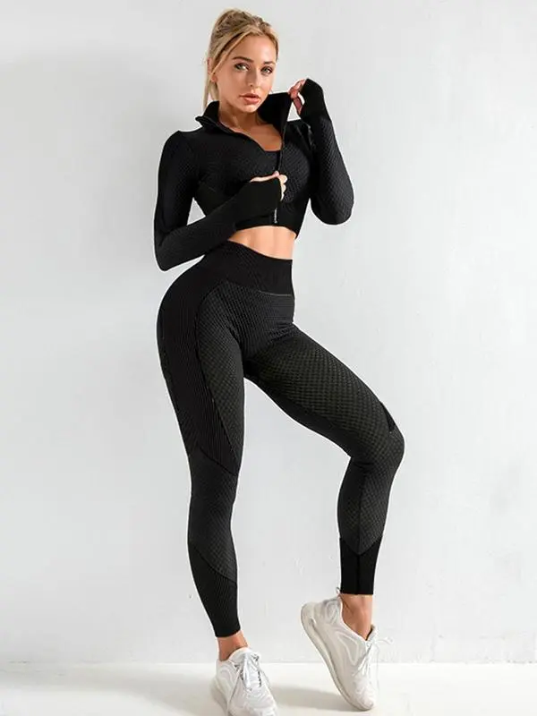 Women's Colorblock Zip Up Shapewear Set, Casual Comfy Crop Jacket & High Waist Sports Yoga Pants & Bra for Outdoor Wear, Fitness Training Clothes
