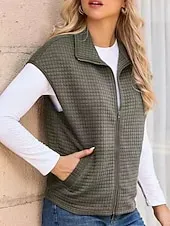 Women's Sweater Sweater Vest Streetwear Casual Solid Color Shirt Collar Zipper Pocket Knitted Sleeveless Regular Tops Knit Daily Holiday Going out Black White Fall Winter