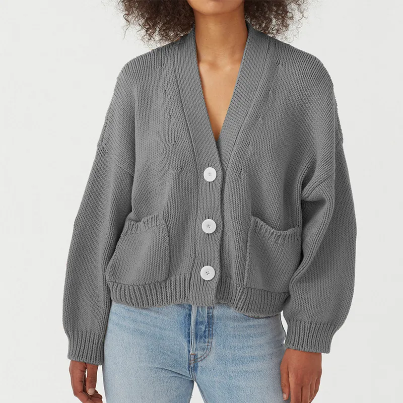 Single-Breasted V-Neck Pocket Knit Cardigan