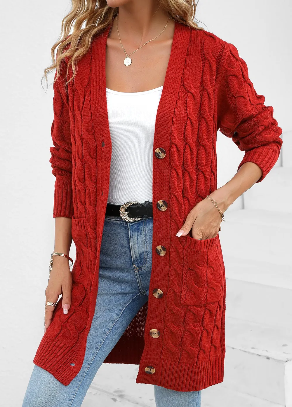 Red Pocket Long Sleeve V Neck Cardigan
