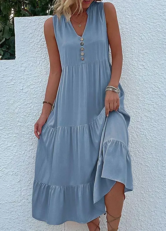 Dusty Blue Button A Line Sleeveless Dress