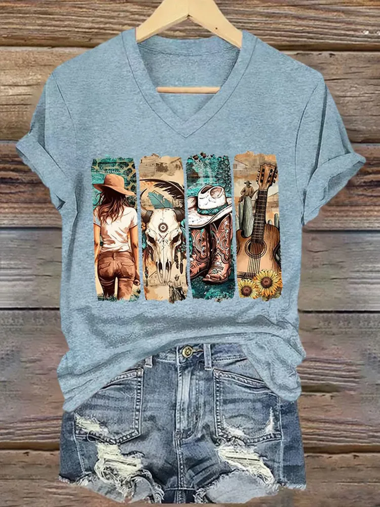 Patterned Printed V-Neck Short-Sleeved T-Shirt