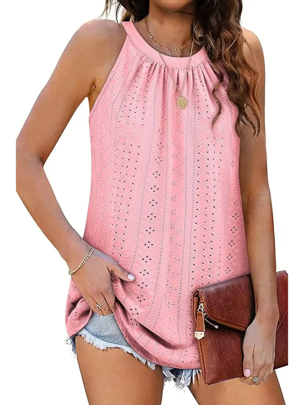 ✨Women Casual Pleated Eyelet Loose Fit High Neck Sleeveless Halter Tank Tops
