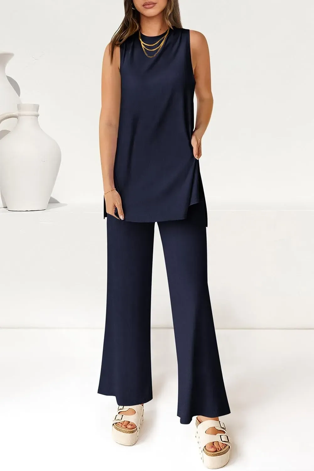 Women's Casual Loose Tank Top Wide Leg Pants 2 Piece Lounge Set