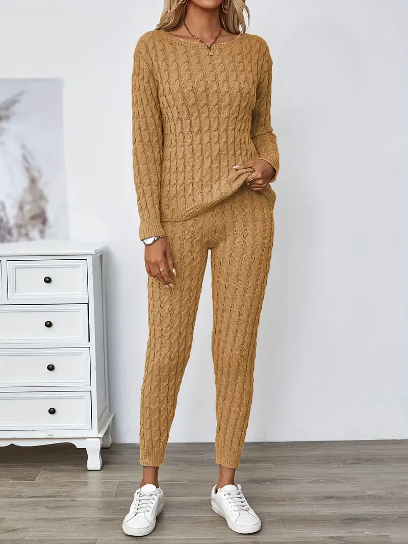 Solid Knitted Matching Two-piece Set, Casual Long Sleeve Sweater & Pants Outfits, Women's Clothing