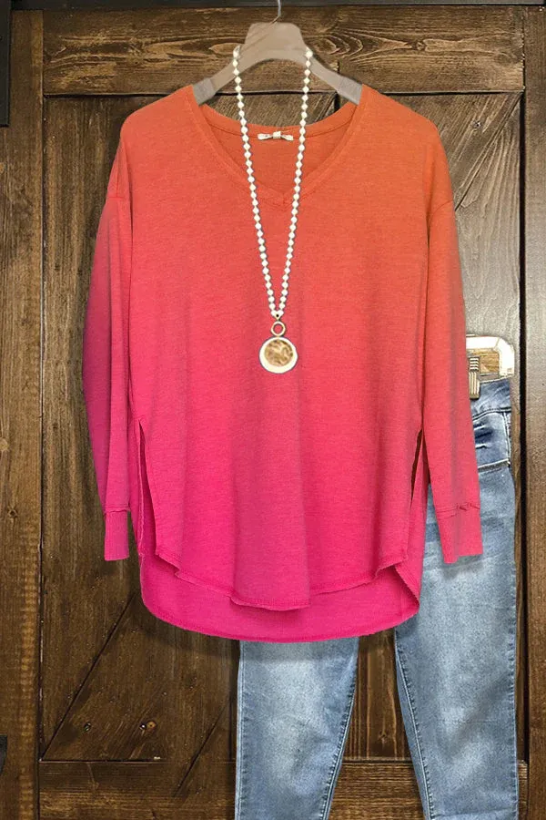 Casual Gradient Frayed Slit Top