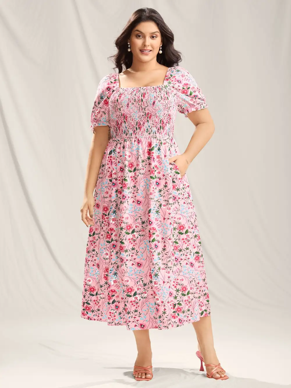 Shirred Floral Print Pockets Maxi Dress
