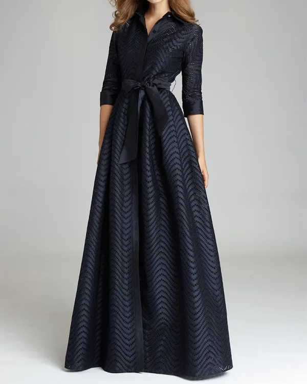 Gown shirt collar maxi dress bow