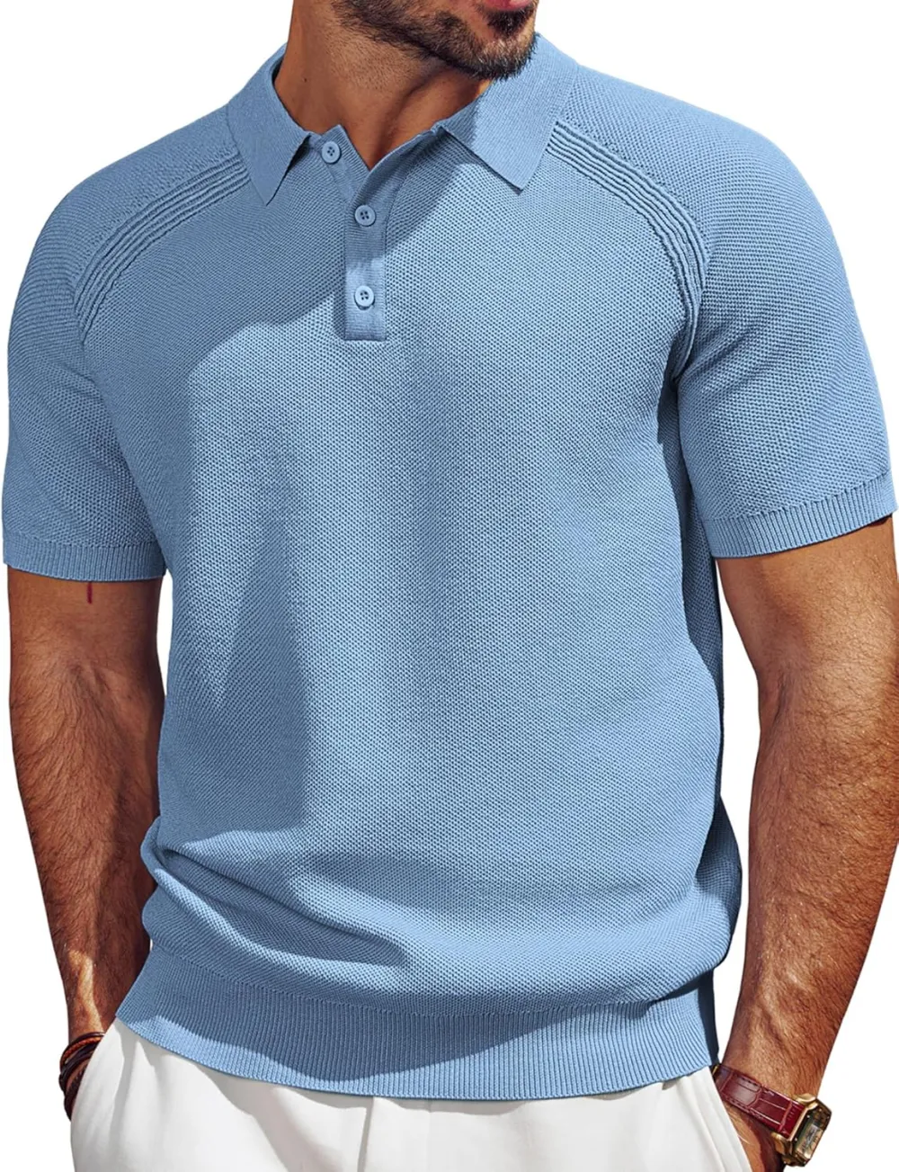 Men's Polo Shirt Short Sleeve Textured Knit Button Shirts Raglan Sleeve Casual Golf Shirt