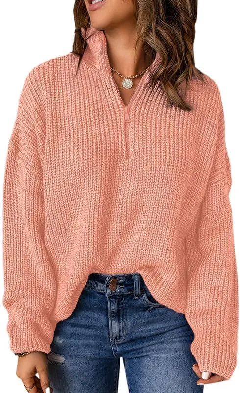 Womens Sweaters Long Sleeve 1/4 Zip Pullover Polo V Neck Dressy Casual Tops