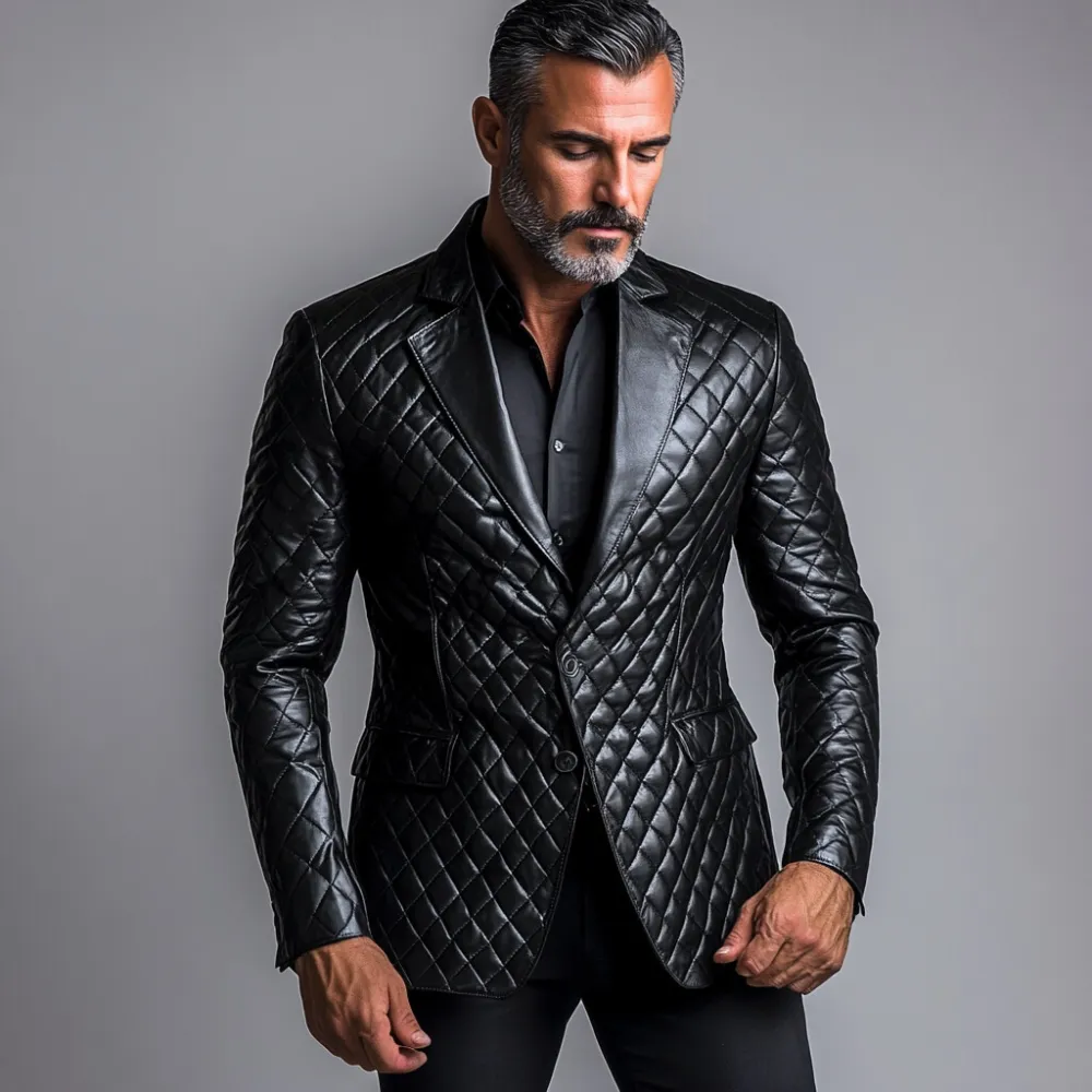 Men's PU Leather Quilted Notched Lapel Two Button Long Sleeve Blazer