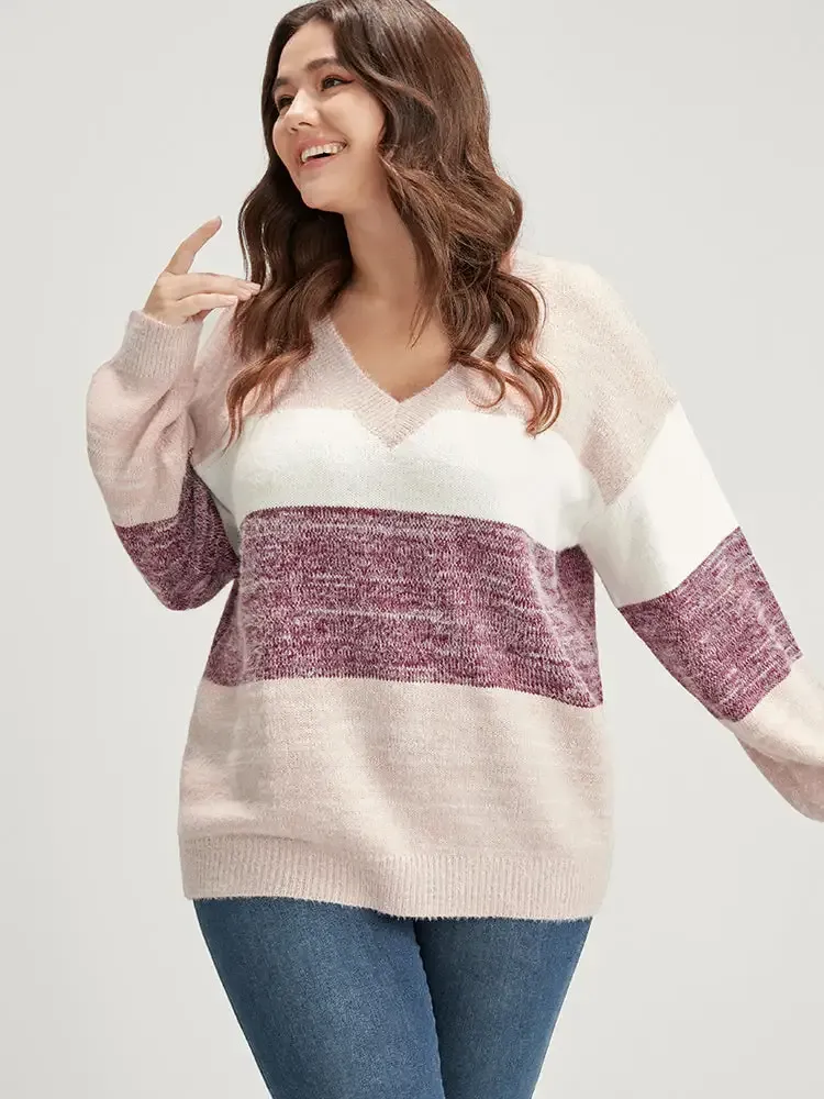 Colorblock Contrast Super Soft Plush Knit V Neck Knit Top