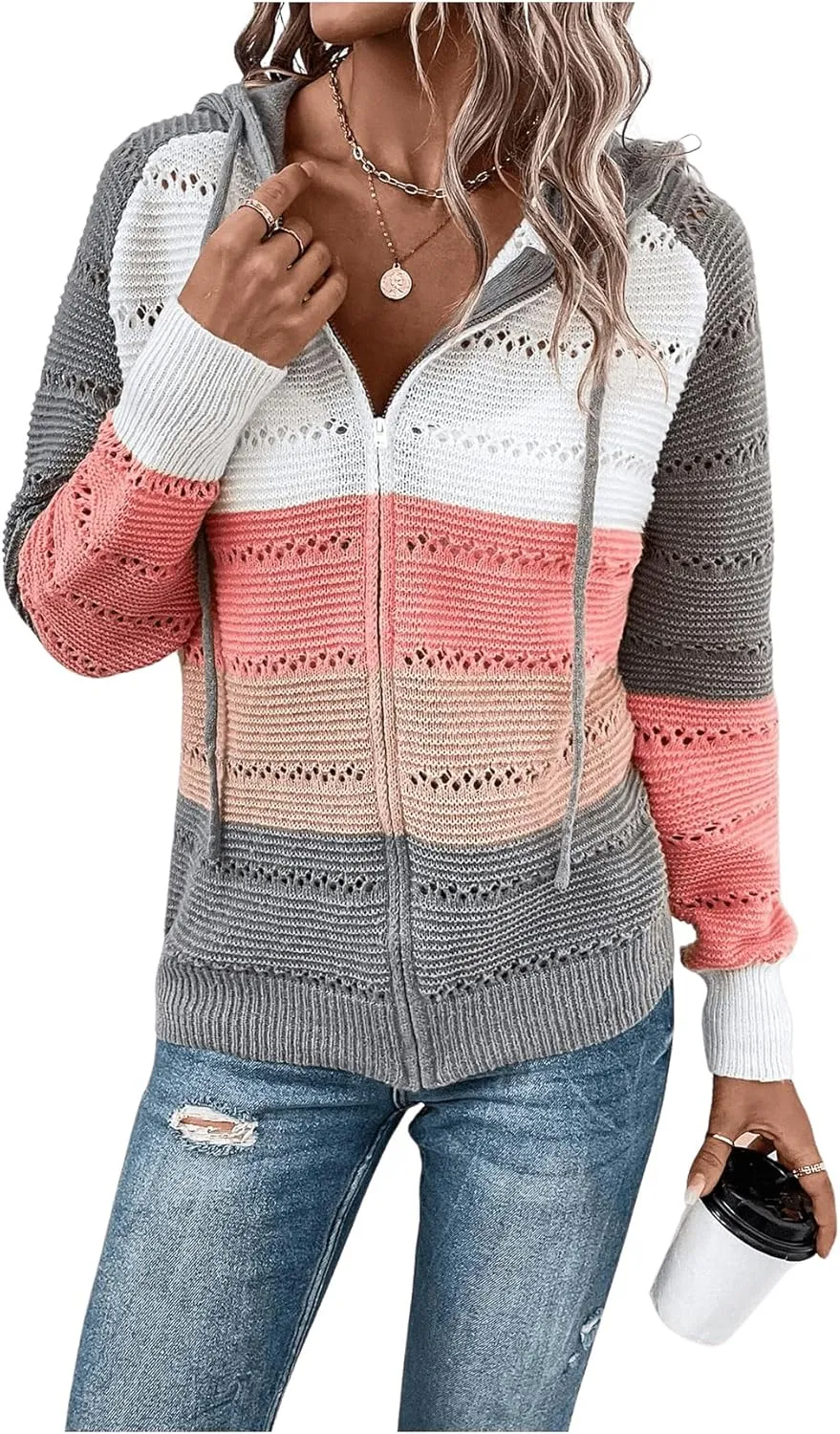 Women's Colorblock Zip Up Hoodie Jacket Long Sleeve Drawstring Hooded Cardigan Coat