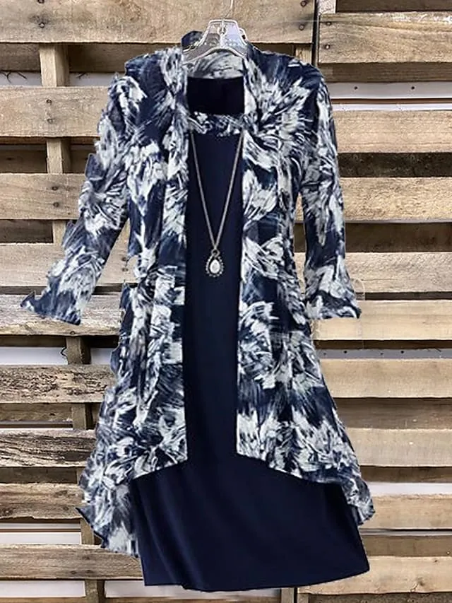 Women's Two Piece Dress Set Dress Set Two Piece Dress Date Weekend Fashion Modern Layered Print Midi Dress Crew Neck 3/4 Length Sleeve Graphic Loose Fit Blue Summer Spring S M L XL XXL