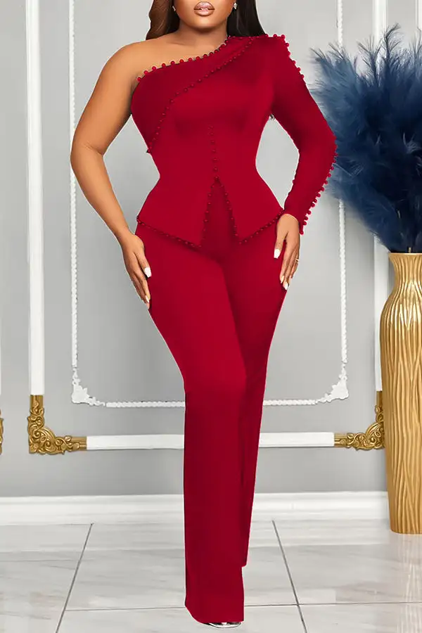 Beaded Decor Glamorous One Shoulder Pant Suit