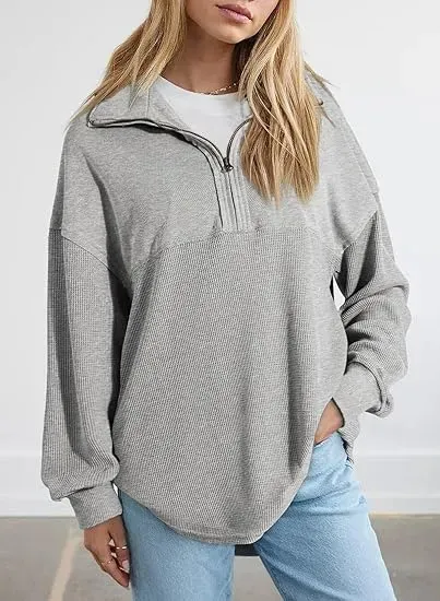Oversized Waffle Knit Half Zip Pullover Soft Polyester Blend Long Sleeve Sweatshirt