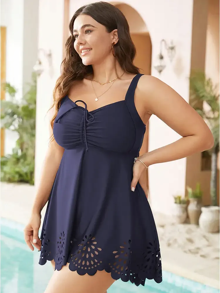 Laser Cut Ruched Drawstring A Line Swim Dress