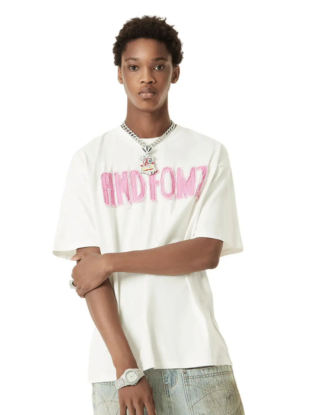 Pink Letter Applique Street Rap T-shirt - 2145