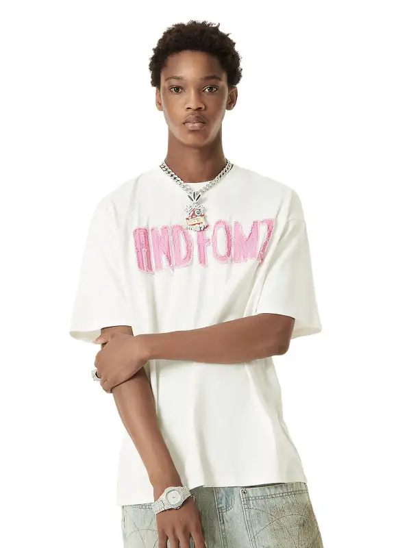 Pink Letter Applique Street Rap T-shirt - 2145