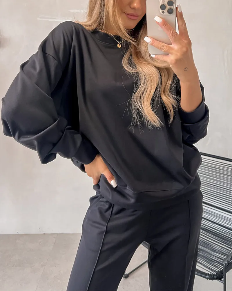 Chic Cuff Solid Color Casual Two-Piece Set