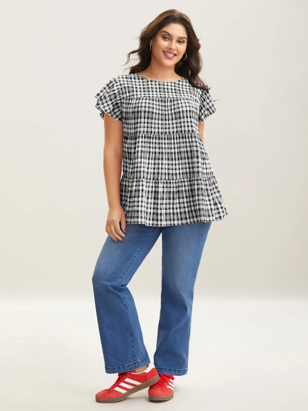 Plaid Print Textured Lotus Leaf Sleeve Shirt