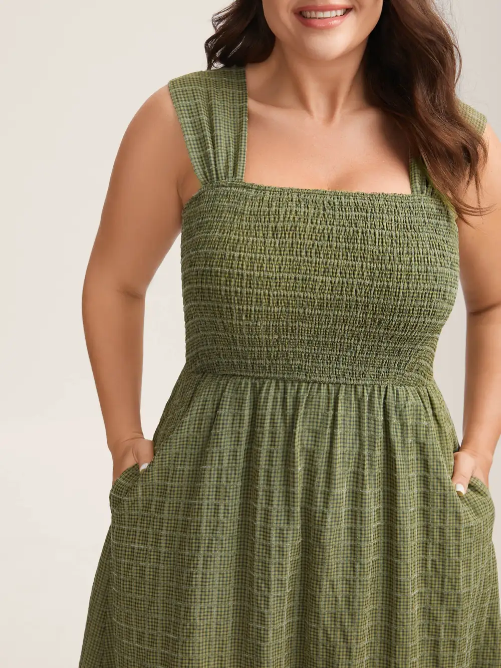 Plaid Shirred Lace Trim Tiered Maxi Dress