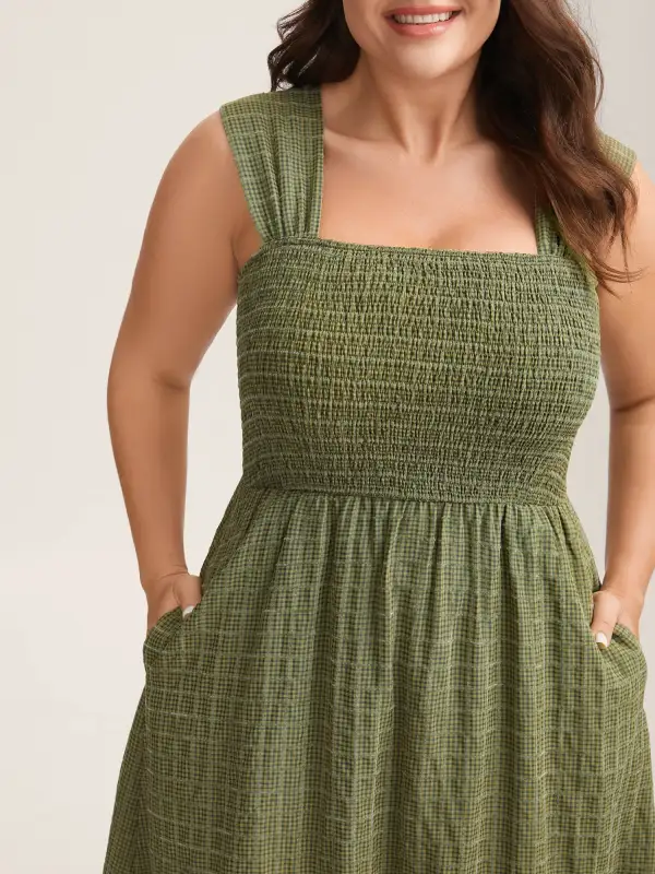 Plaid Shirred Lace Trim Tiered Maxi Dress