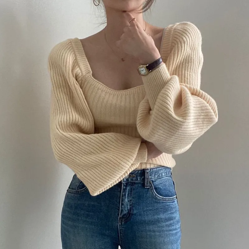Plain Knit Top With Square Collar And Bubble Sleeves