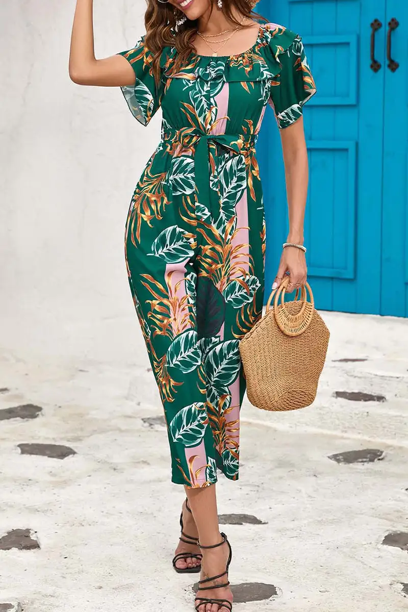 Bohemian College Floral Patchwork Flounce O Neck Loose Jumpsuits