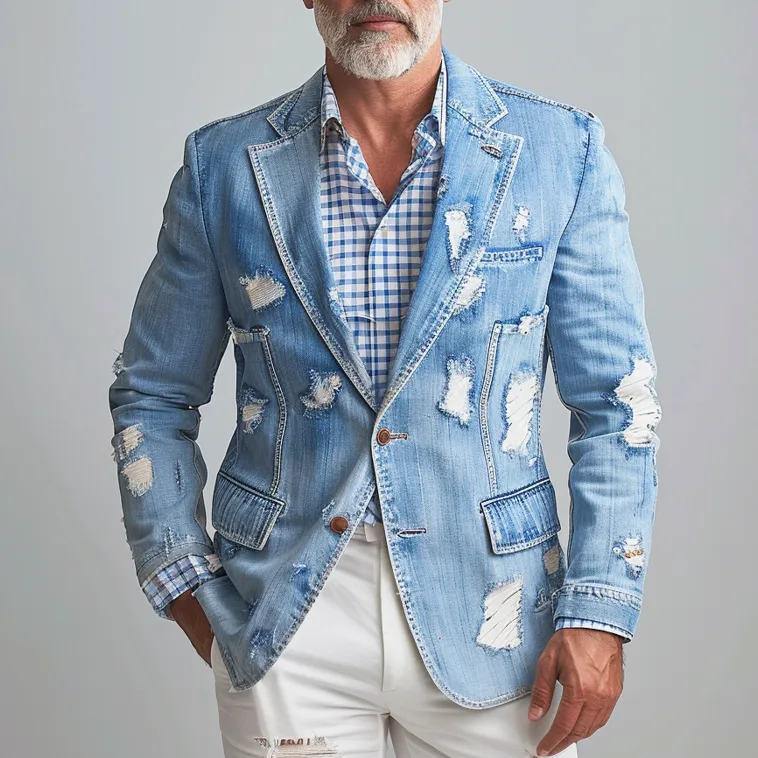 Men's Notched Lapel Two Button Ripped Denim Blazer
