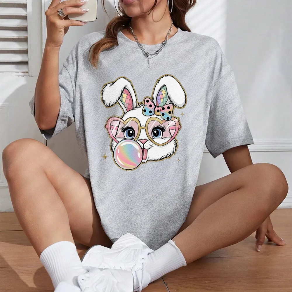 Easter Cute Bunny Blowing Bubbles Printed Round Neck Short Sleeve T-Shirt