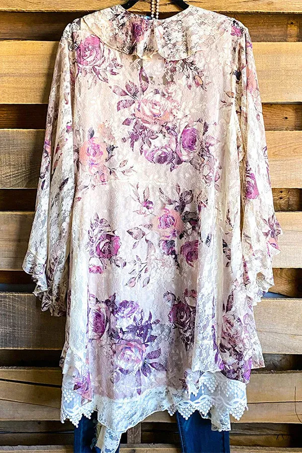 Stylish Lace Trim Mesh Floral Coat