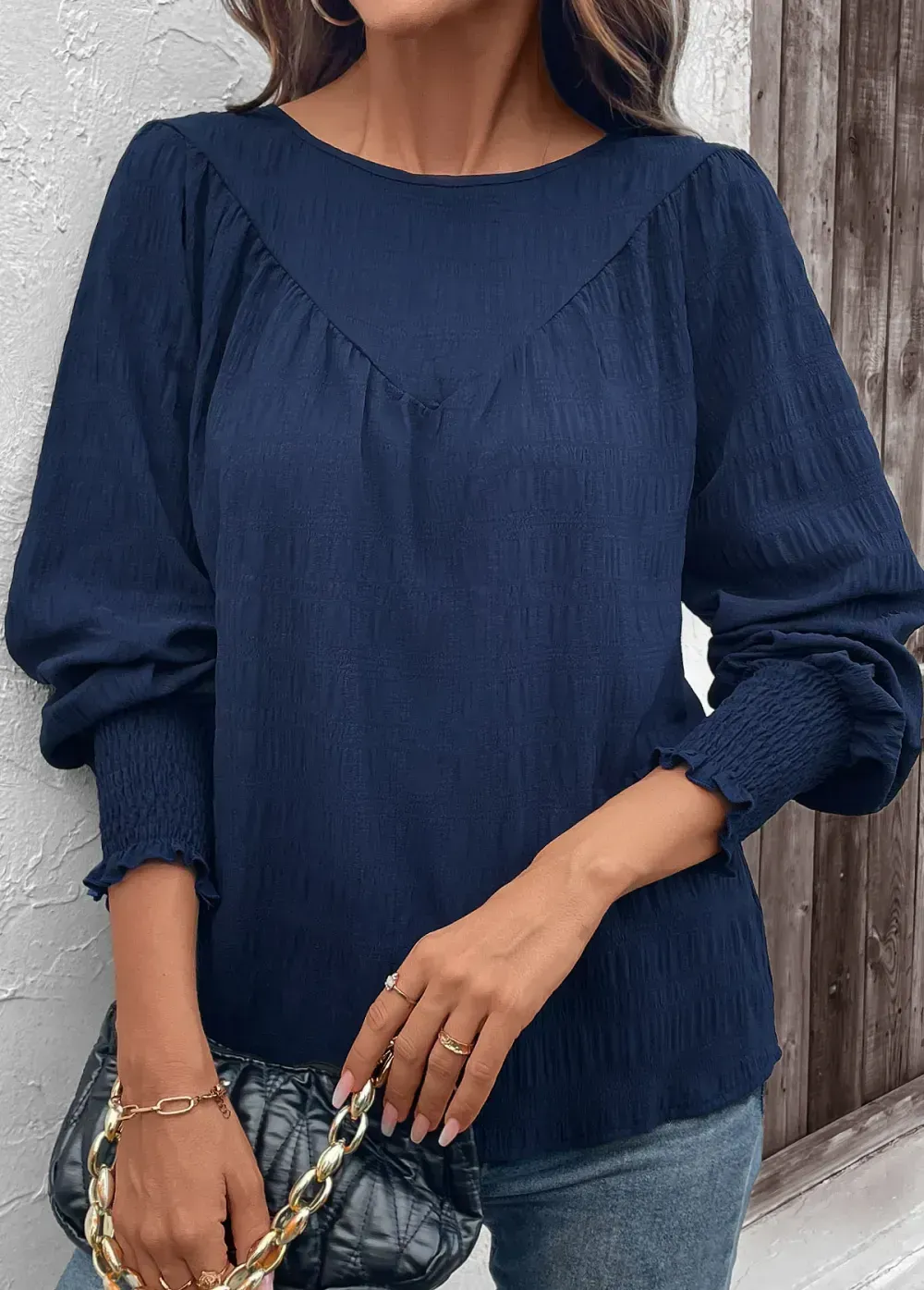 Navy Smocked Long Sleeve Round Neck Blouse