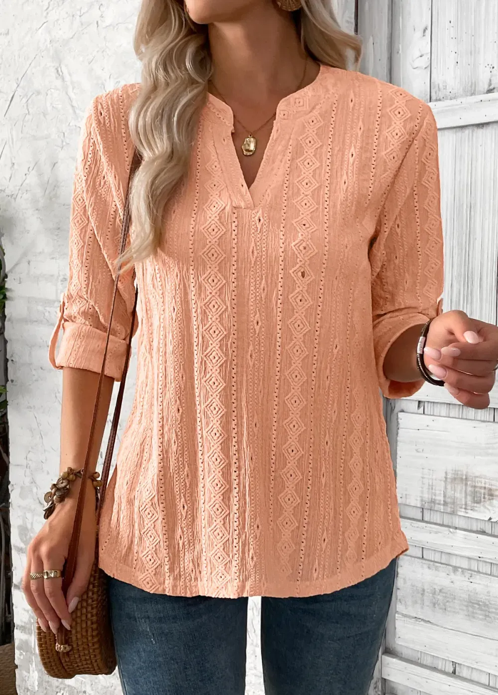 Dusty Pink 3/4 Sleeve Split Neck Blouse