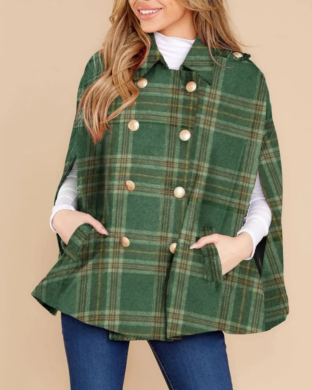 Women's Plaid Double Breasted Winter Cape Turn Down Poncho Coats(Buy 2 Free Shipping)