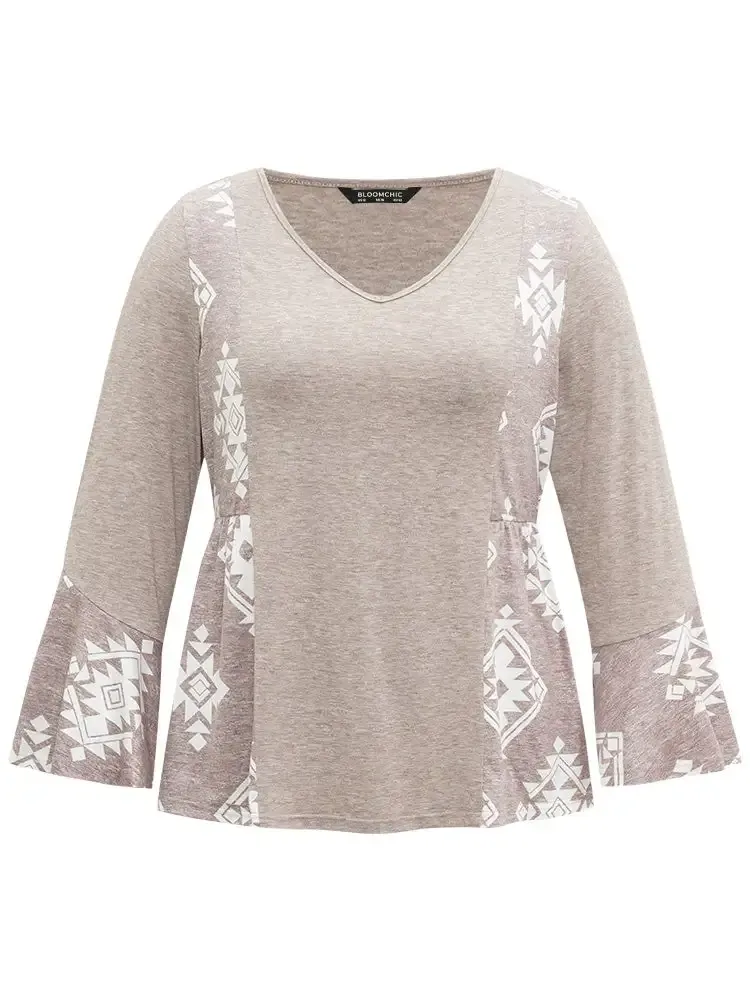 Floral Print Bell Sleeve V Neck T-Shirt