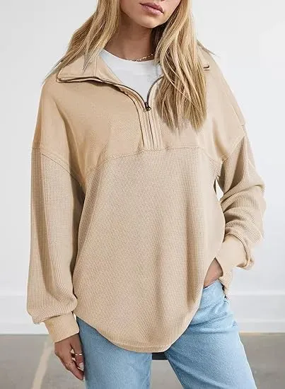 Oversized Waffle Knit Half Zip Pullover Soft Polyester Blend Long Sleeve Sweatshirt