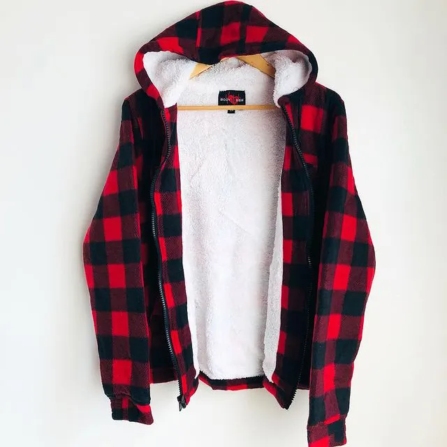 Check Striped Textured Lamb Velvet Hooded Jacket
