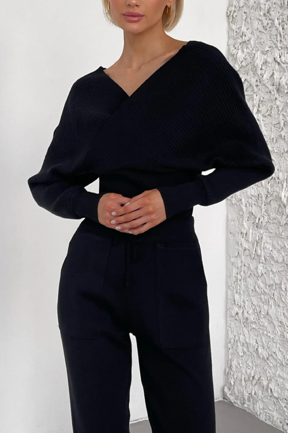 Dolman Sleeves Off Shoulder Ribbed Knit Sweater Pants Suits