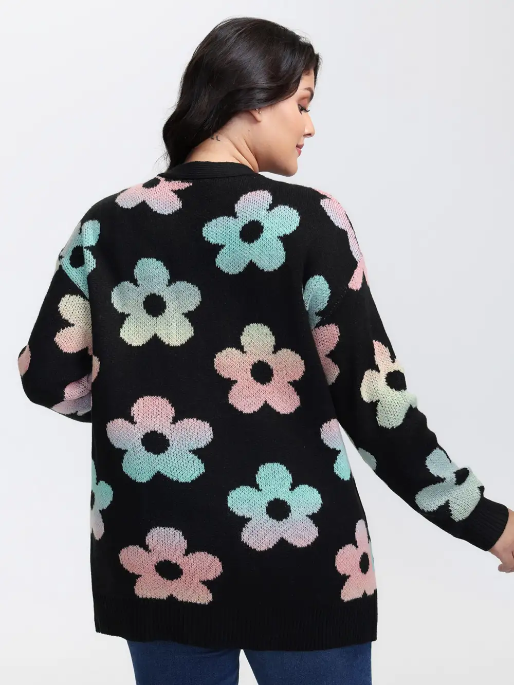 Floral Jacquard Print Color Gradient Knit Cardigan