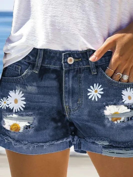Floral Denim Short  Summer Loosen Denim shorts Bottoms