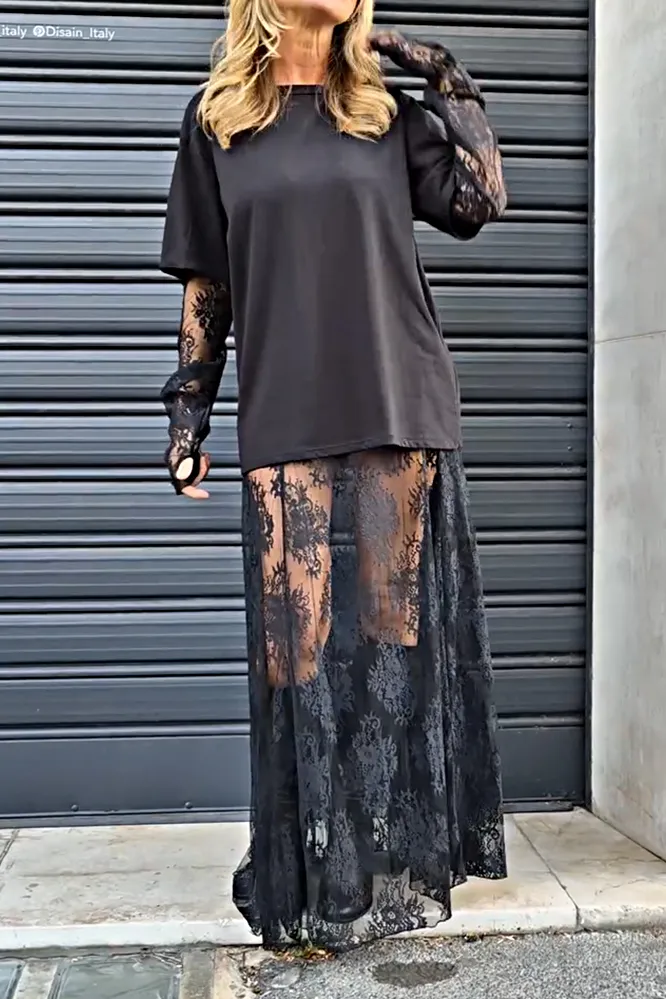 Women's fashion lace patchwork round neck T-shirt dress