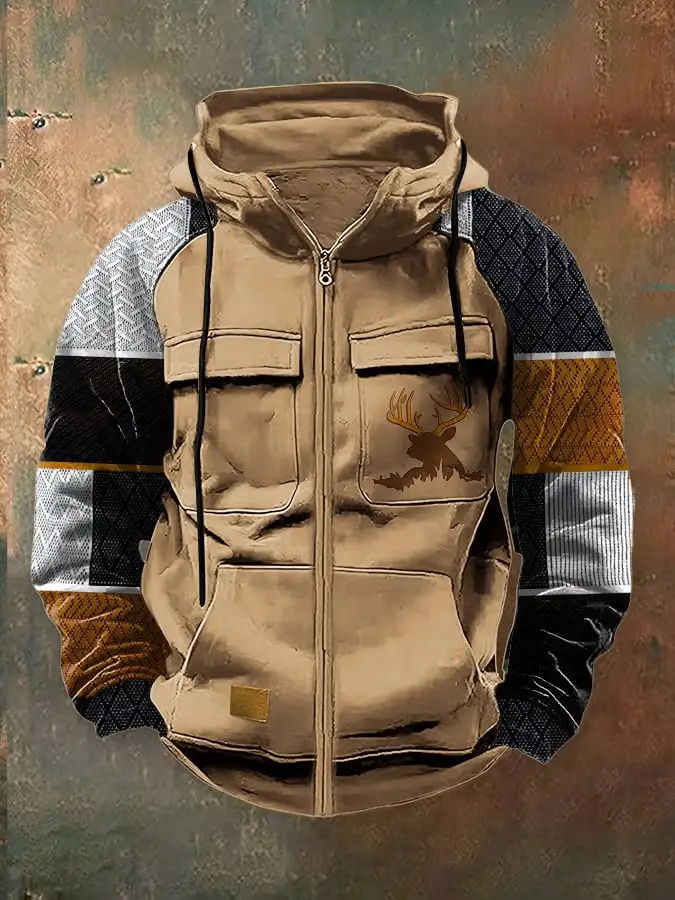 Men's Casual Retro Western Contrast Color Zipper Multifunctional Jacket